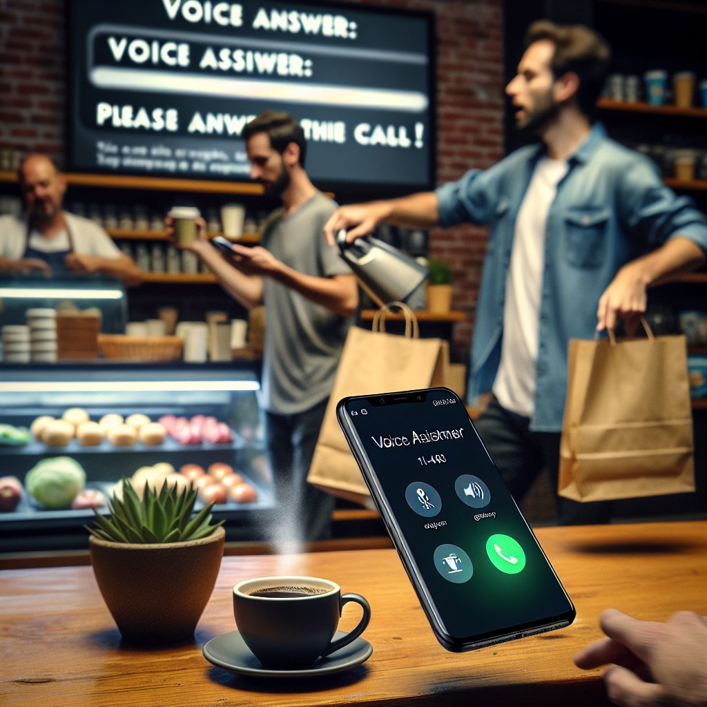 Imagine une personne dans un café, visiblement occupée avec un café à la main, en train de jongler avec des sacs à provisions. Son \"iPhone repose sur la table\", son écran s’allume avec un appel. En arrière-plan, un panneau digital indique “Répondre par voix : Siri décroche l\'appel s\'il te plaît !”, tandis qu’un ami, ébahi, l’observe au loin, prêt à applaudir. NB: son IPhone est posé sur la table