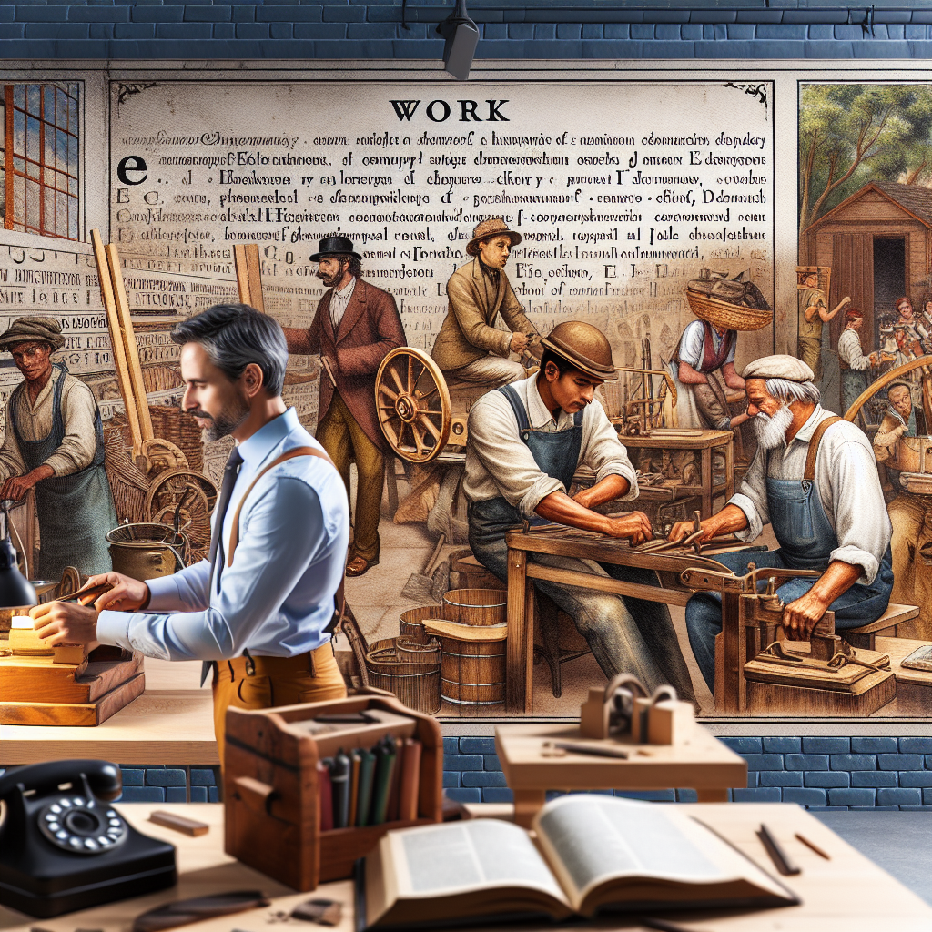 Imagine une scène captivante dans un bureau ancien : des ouvriers en train de forger des outils, tandis qu\'un personnage moderne consulte un livre sur l\'étymologie du mot “travail”. En arrière-plan, un panneau historique montre des illustrations sur les méthodes de travail anciennes, avec la phrase “Travail : une histoire d\'effort à travers les siècles !” gravée sur un mur.