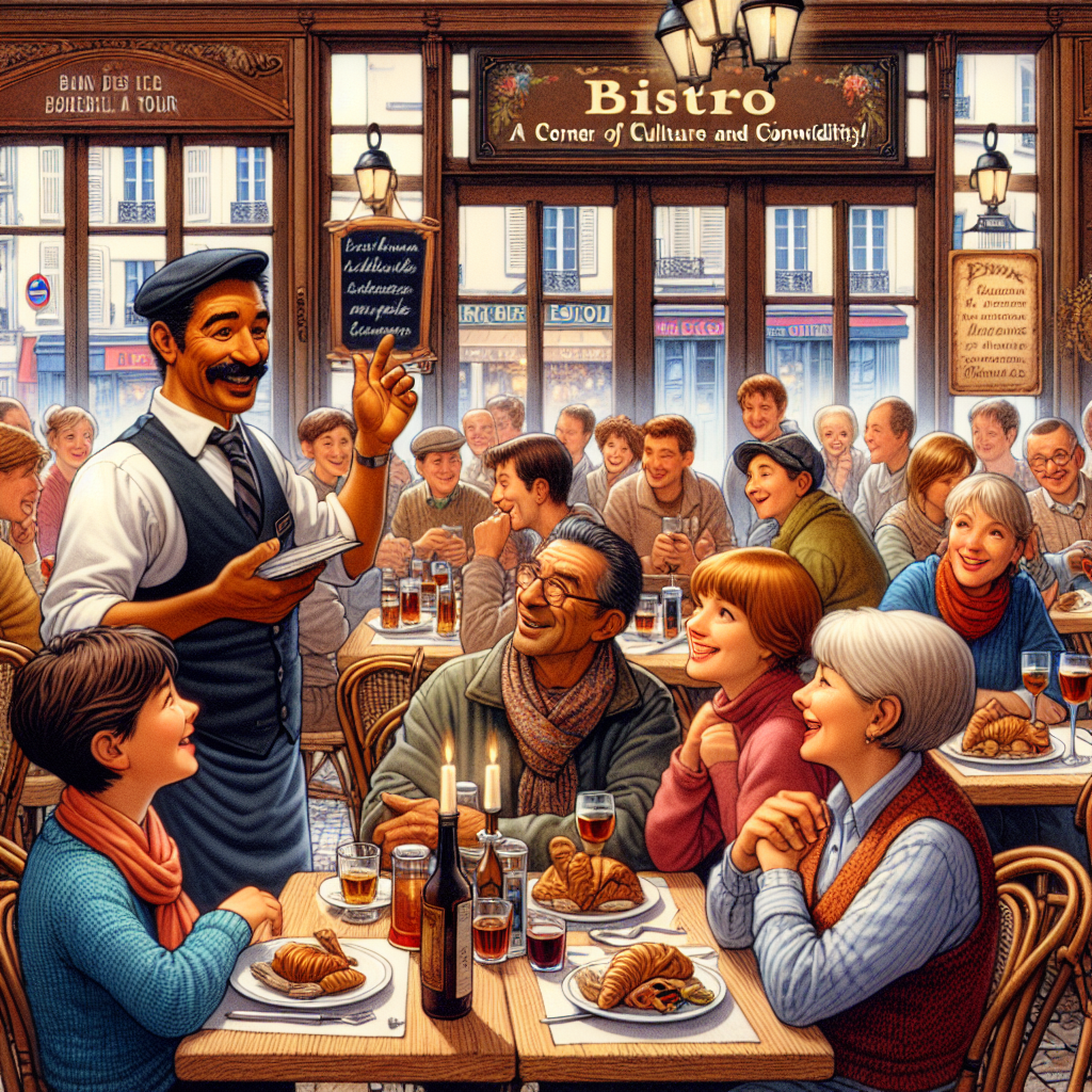 Imagine une scène chaleureuse dans un bistrot parisien : des clients assis à des tables en bois, dégustant des plats typiques, tandis qu\'un serveur avec un tablier explique l\'origine du mot “bistrot” à des touristes curieux. Un panneau décoratif en arrière-plan affiche “Bistrot : un coin de culture et de convivialité !” avec des touches de décor vintage.