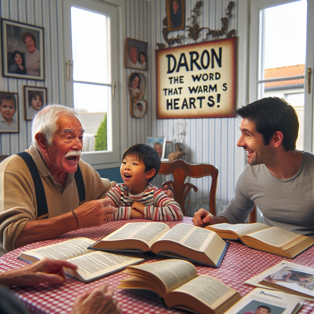 Imagine une scène conviviale dans un salon français : plusieurs générations se réunissent autour d\'une table, un grand-père raconte des histoires à son petit-fils, tandis qu\'un livre ouvert sur l\'étymologie du mot “daron” est posé à côté d\'eux. En arrière-plan, un panneau humoristique dit “Daron : le mot qui réchauffe les cœurs !” avec des photos de famille accrochées aux murs.