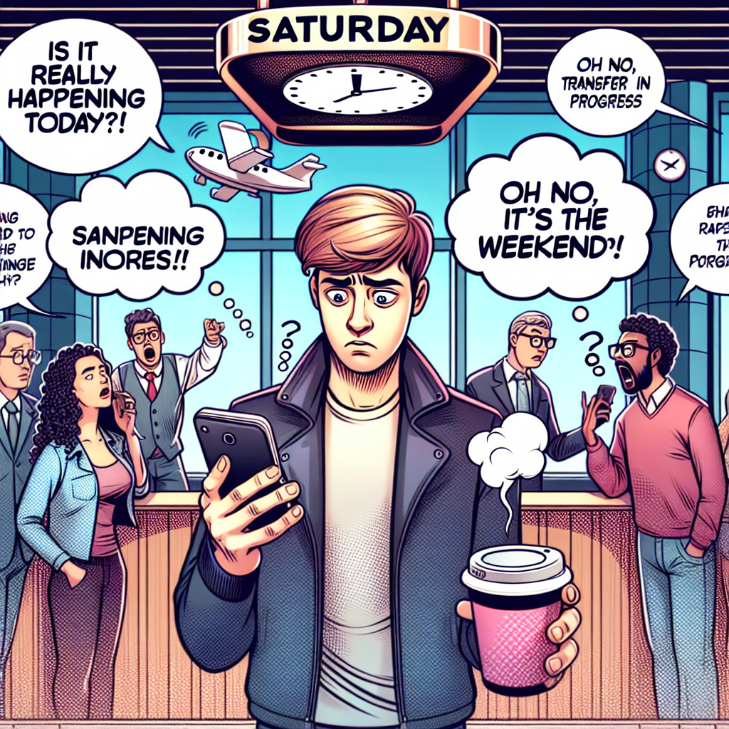 Imagine une scène dans un hôtel moderne : un personnage, visiblement impatient, consulte son smartphone avec une expression perplexe, entouré d\'autres clients. À l\'arrière-plan, une horloge indique \"Samedi\" et une tasse de café à moitié pleine affiche \"Virement en cours\". Des bulles de bande dessinée flottent autour de lui, avec des questions comme “Est-ce que ça arrive vraiment aujourd\'hui ?!” et “Mince c\'est le week-end ?