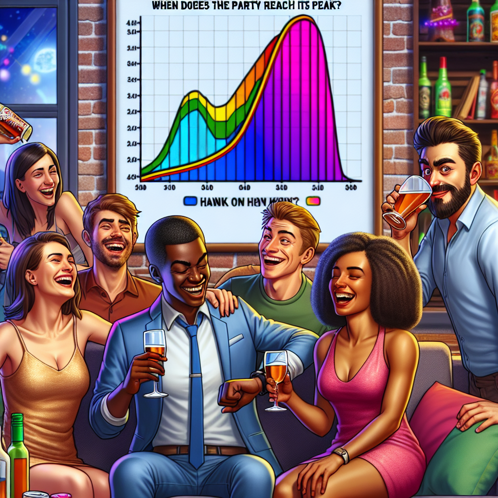 Imagine une scène de soirée festive dans un salon : un groupe d\'amis rit et lève leurs verres, tandis qu\'un graphique en arrière-plan illustre le pic d\'alcoolémie avec une courbe colorée. Un personnage, les yeux brillants, regarde sa montre avec un air complice, tandis qu\'un panneau humoristique dit “À quel moment la fête atteint son apogée ?
