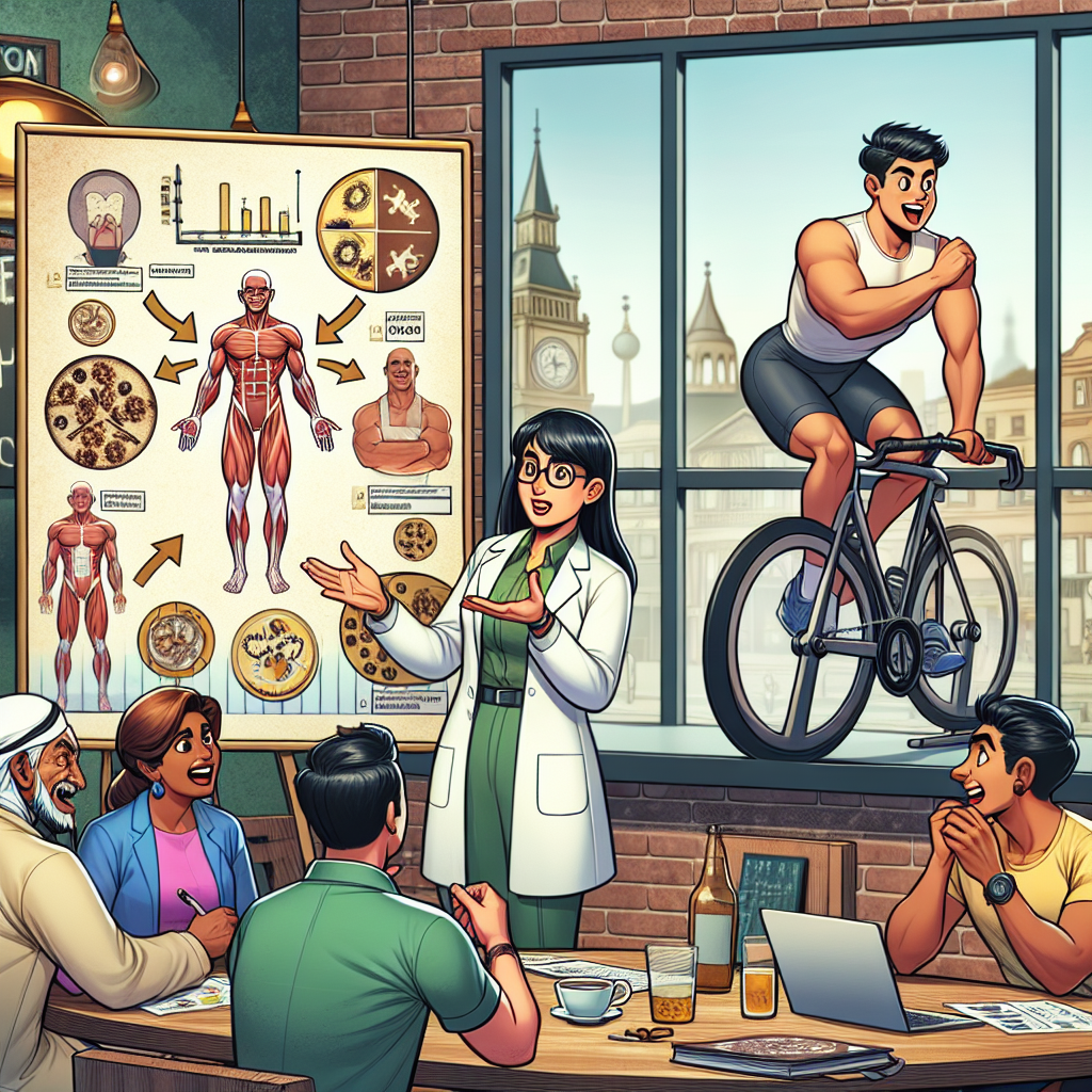 Imagine une scène informelle dans un café où un nutritionniste explique le phénomène des cétones à un groupe curieux. Sur la table, des graphiques et des illustrations montrent le processus de transformation des graisses, tandis qu’un personnage prend des notes frénétiquement avec un air intrigué. En arrière-plan, dans une image ronde un cycliste entrain pédaler sur un vélo d\'entraînement devant un coach chrono en main. animation