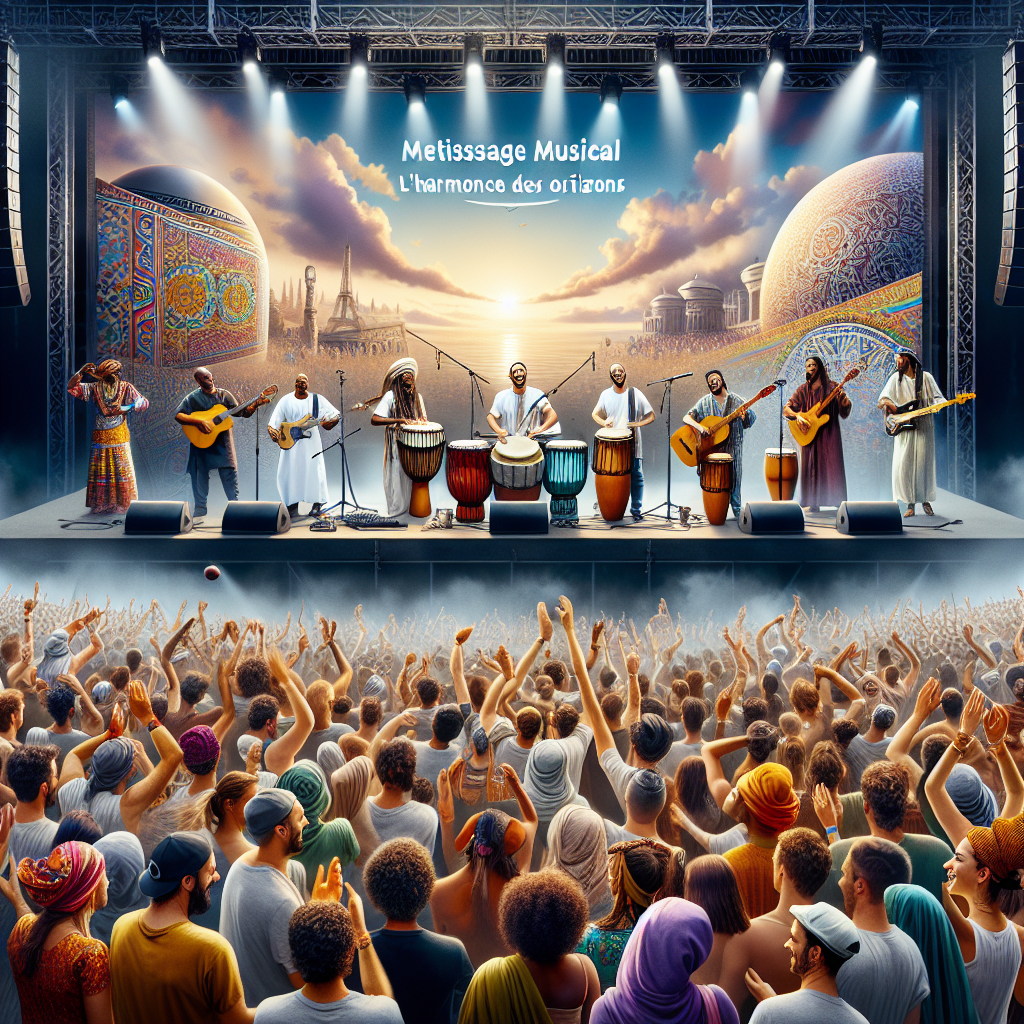 Imagine une scène vibrante dans un festival de musique : des artistes de différentes cultures jouent ensemble sur scène, mêlant des instruments traditionnels comme le djembe et la guitare électrique. Le public, mélangé et enthousiaste, danse en rythme, tandis qu\'une grande bannière en arrière-plan affiche “Métissage musical : l’harmonie des horizons”