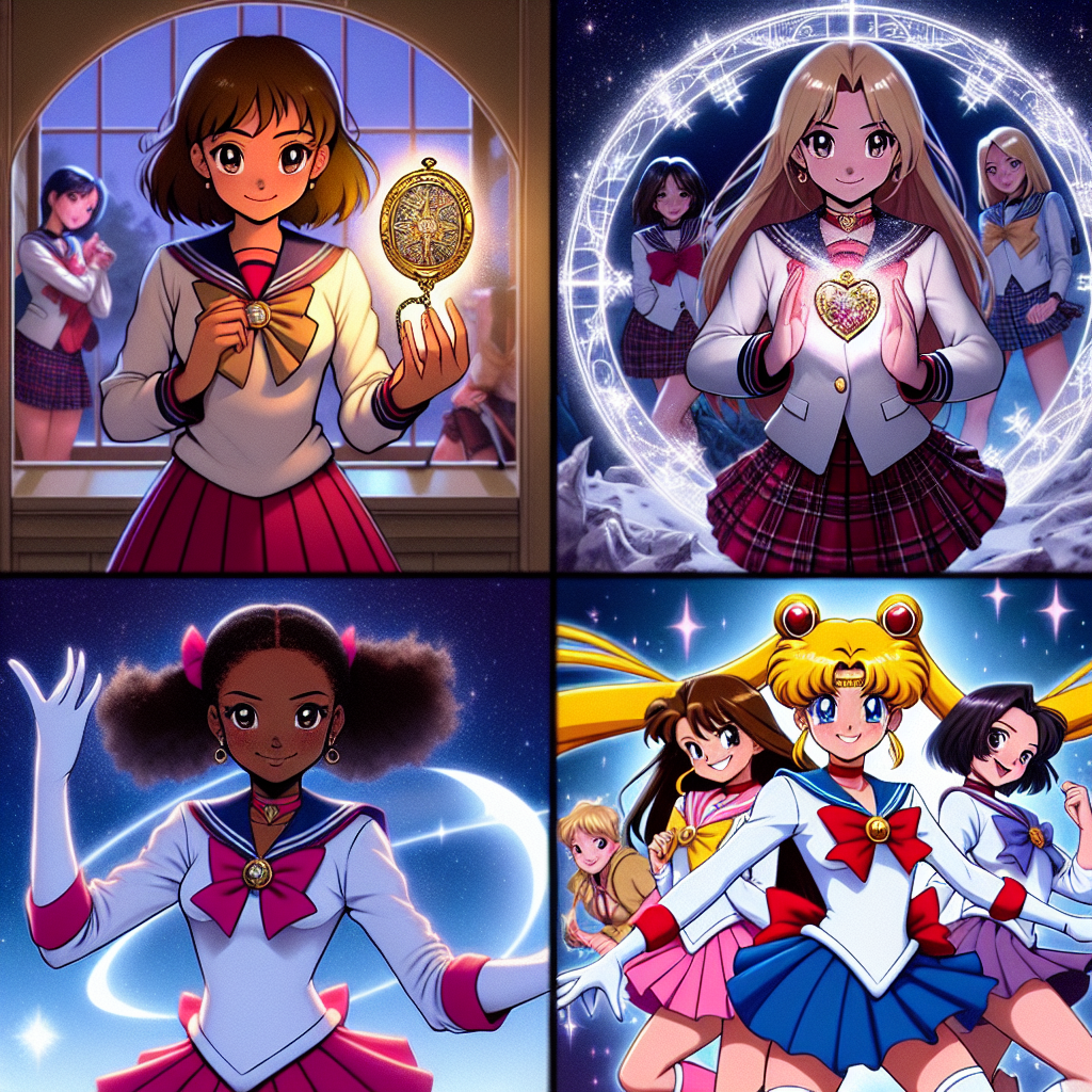 Produire 4 visuels pour illustrez ceci en restant sur le même thème: Shōjo : Conçu pour les jeunes filles, celui-ci traite généralement de romance et de relations interpersonnelles.Pensez à \"Sailor Moon\" 🌙