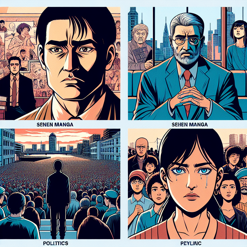 Produire 4 visuels pour ceci en restant sur le même thème: Seinen : Ciblant un public plus mature, ces mangas abordent des thèmes adultes comme la politique ou la psychologie.