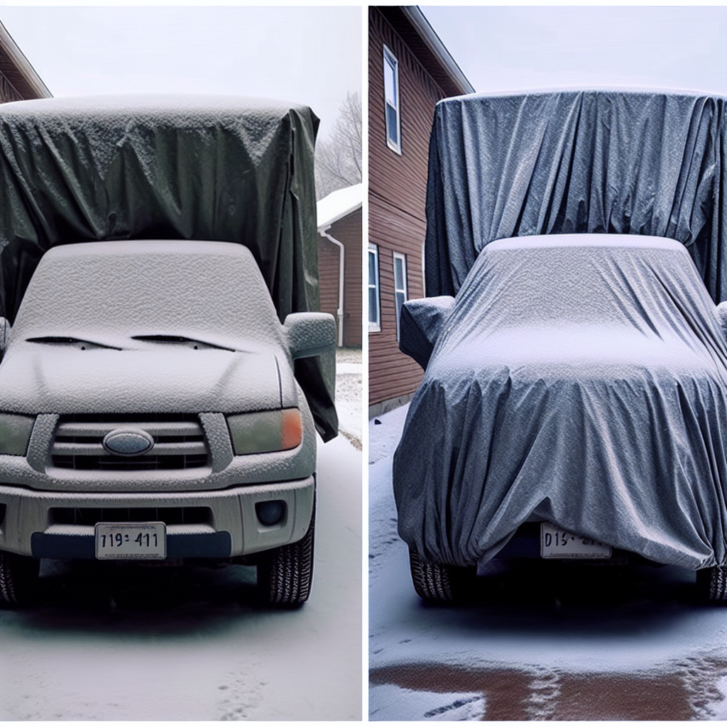 Produisez 2 visuels côte à cote du même véhicule dans les 2 situations suivantes: Parfois, les astuces les plus simples sont les meilleures. (visuel 1: montre ceci):\"En enroulant une bâche autour du véhicule (visuel 2: montrez ceci de près)\" ou simplement\" en couvrant vos portières avec un tissu résistant à l\'eau durant la nuit\", on limite grandement l\'accumulation de glace.