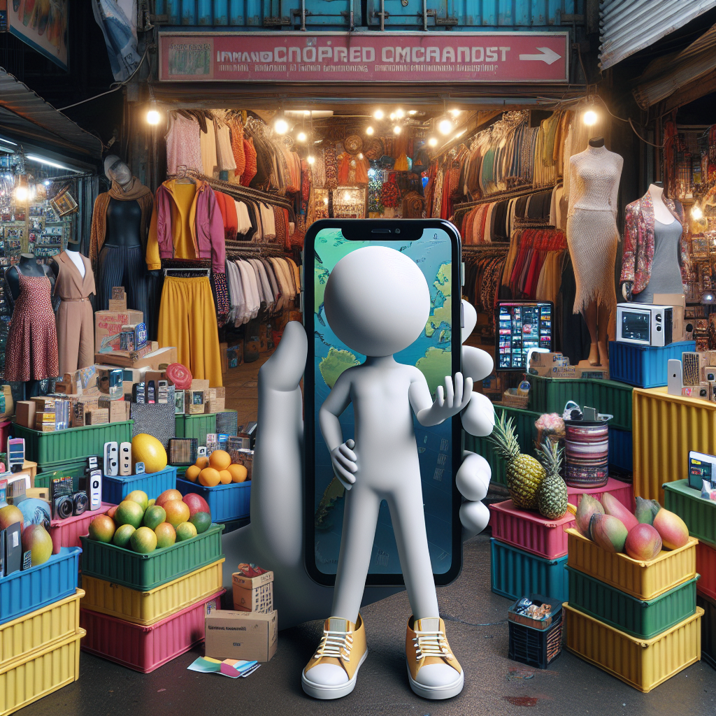 Visualise une scène unique dans un marché animé : un personnage curieux se tient au centre, entouré de conteneurs de marchandise et de différentes catégories de produits importés. À sa gauche, des fruits exotiques comme des mangues et des ananas sont exposés sur un stand coloré, à sa droite, des vêtements d\'style international accroches sur un porte-manteau, et en arrière-plan, une section électronique avec des gadgets modernes scintillants.