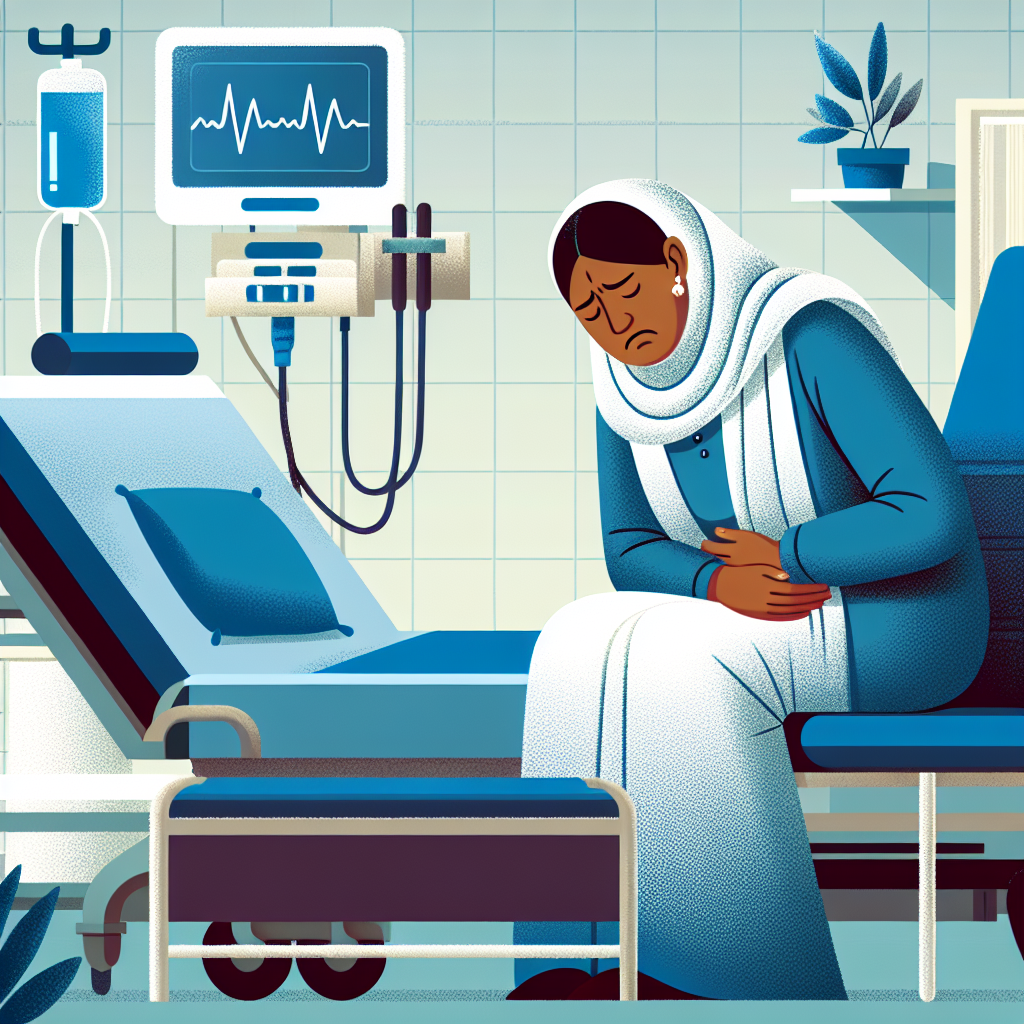 imaginer une image pour: Gonflement du ventre pour causes Constipation avec Douleur ( représentez une femme assise dans une salle d\'hôpital se tenant le ventre qui lui fait mal)