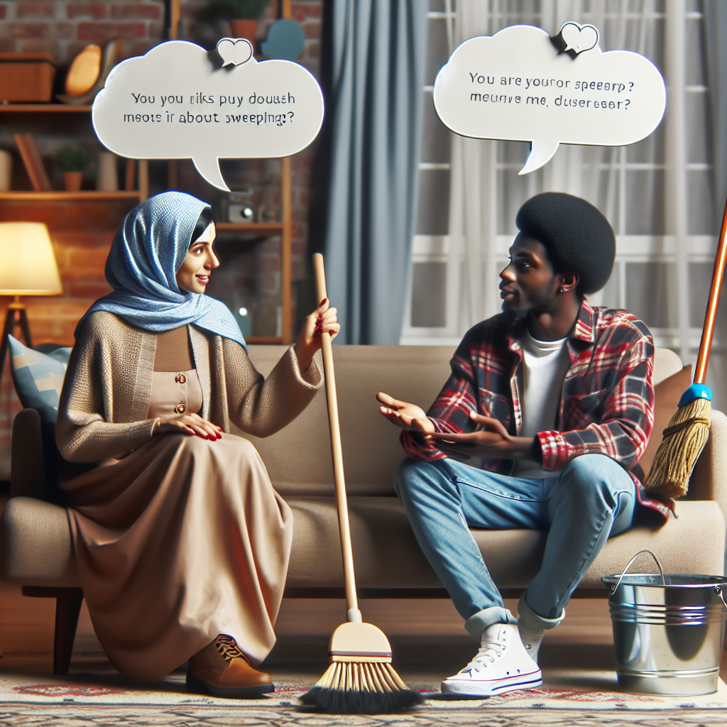 imaginer une scène d\'image figée pour le thème: Dialogue en anglais sur les tâches ménagères (avec des bulles de dialogues entre eux)