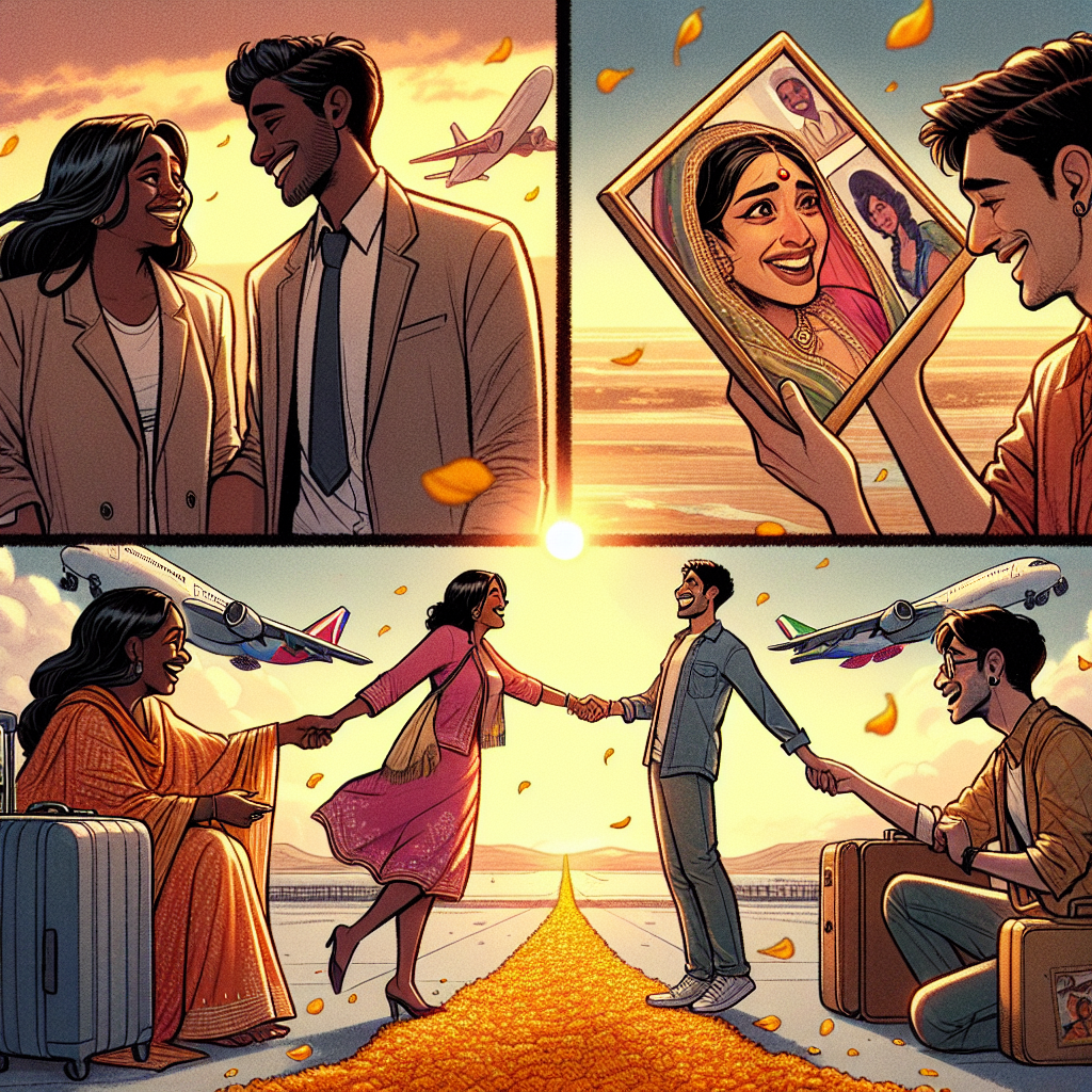 imagine une scène de Shayari pour ceci: दूरी से प्यार कमजोर नहीं होता, बल्कि और गहरा होता है। / Distance doesn’t weaken love; it deepens it. (imagine dans un format de 4 images qui retrace une suite de scène d\'une même histoire et inspire toi des films de Bollywood